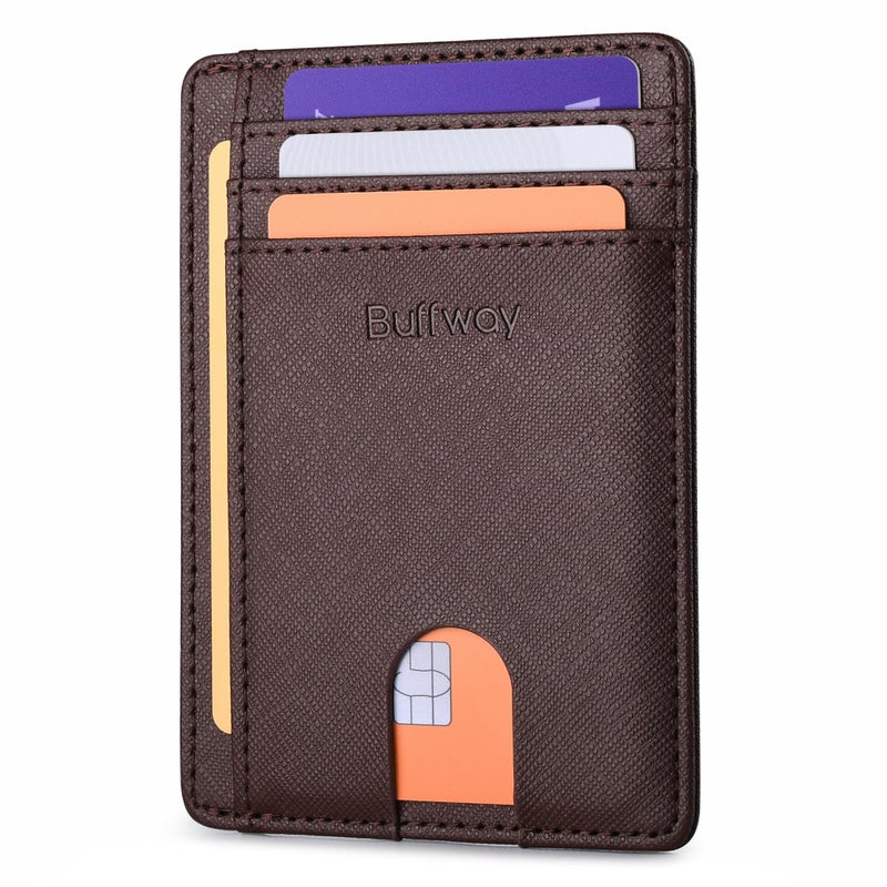 Buffway Slim Minimalist Front Pocket RFID Blocking Leather Wallets for Men and Women - Cross Coffee - Image 1
